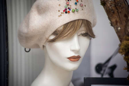 closeup of wig on mannequin in hairdresser store showroomの写真素材