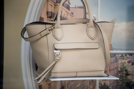 Mulhouse - France - 21 February 2021 - Closeup of beige leather handbag by longchamp in a luxury fashion stoneのeditorial素材