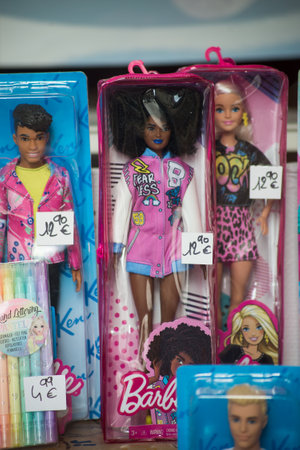 Colmar - France - 14 March 2021 - Closeup of Barbie dolls a toys store showroomのeditorial素材