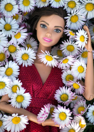 Mulhouse - France - 20 March 2021 - Portrait of brunette Barbie doll lying in the daisies flowersのeditorial素材