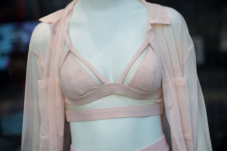 Closeup of pink bra on mannequin in a fashion store showroom