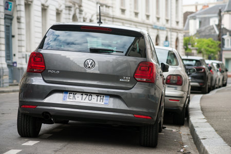 Mulhouse - France - 29 May 2021 - Rear view of grey Volswagen polo tsi parked in the streetのeditorial素材