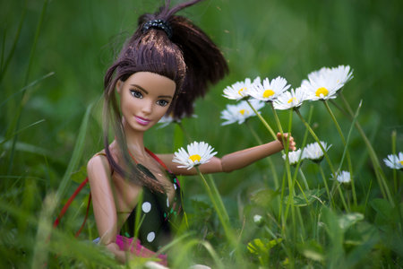 Mulhouse - France - 31 May 2021 - Portrait of brunette barbie doll wearing a black summer dress picking wild flowers in a meadowのeditorial素材