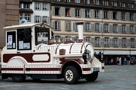 Strasbourg - France - 11 Jully 2021 - View of vintage touristic train in the streetのeditorial素材