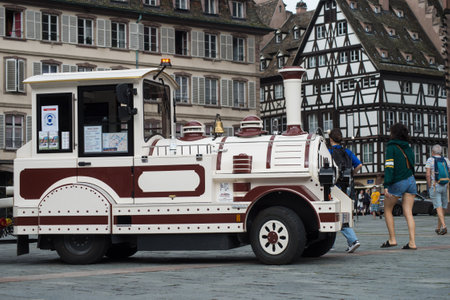 Strasbourg - France - 11 Jully 2021 - View of vintage touristic train in the streetのeditorial素材