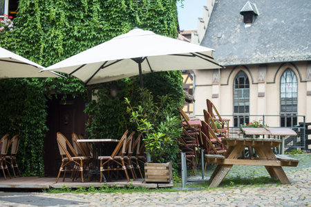 view of empty terrace of restaurant in Strasbourg Franceのeditorial素材