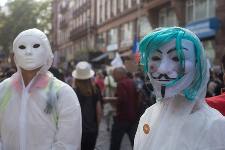 Strasbourg - France - 2 October 2021 - Portrait of people protesting in the street against the...