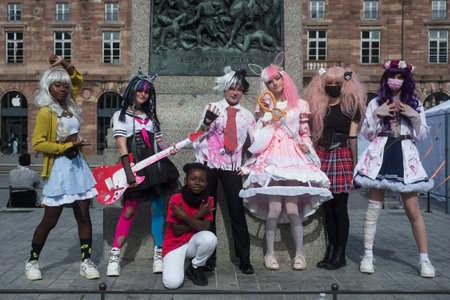 Strasbourg - France - 2 October 2021 - Portrait of group of girls wearing manga cosplay costumes in the streetのeditorial素材