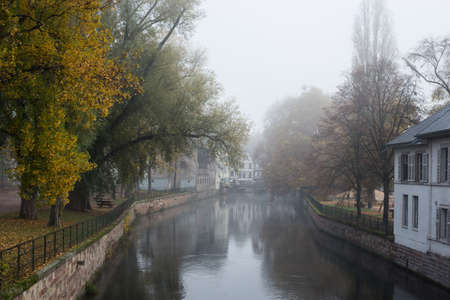 view of autumnal trees in border the Il river at the little france quarter in Strasbourgの写真素材
