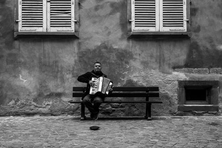 Colmar - France - 20 November 2021 - Portrait of musician playing accordion in the streetのeditorial素材