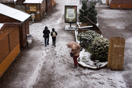 Mulhouse - France - 10 December 2021 - People walking with umbrella at the christmas market by snowy dayのeditorial素材