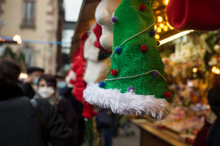 Strasbourg - France - 11 December 2021- Closeup of christmas hats at the christmas marketのeditorial素材