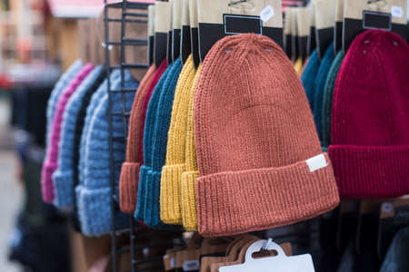 Closeup of woolen hats for sale at the marketの写真素材