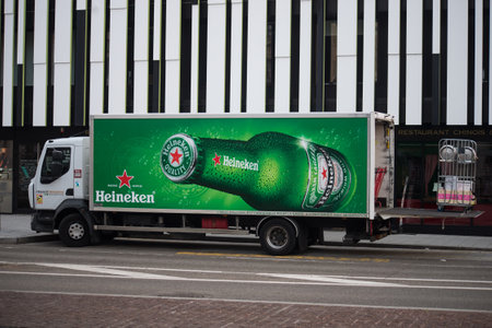 Mulhouse - France - 13 January 2022 - Profile view of Heineken beer delivery truck parked in the streetのeditorial素材