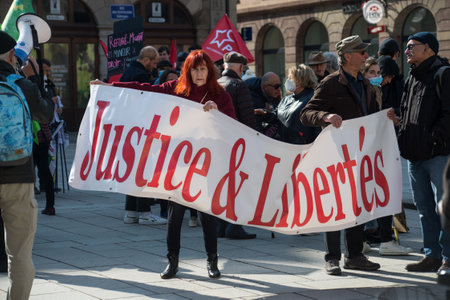Strasbourg - France - 19 March 2022 - people protesting in the street with text in french : justice et liberty, in english : justice and freedomのeditorial素材