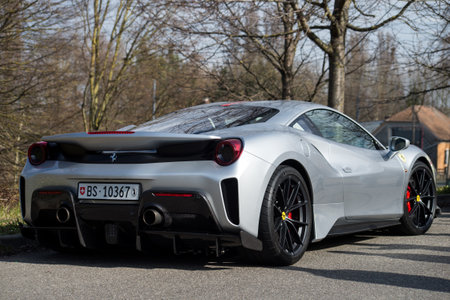 Mulhouse - France - 12 March 2022 - Rear view of grey Ferrai 488 pista parked in the street