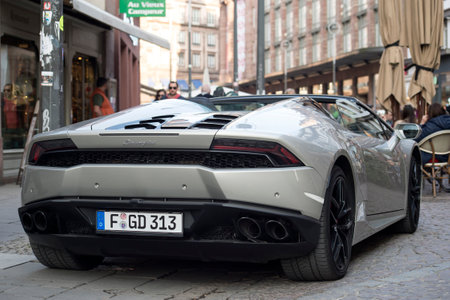 Strasbourg - France - 26 March  2022 - Rear view of grey Lamborghini convertible parked in the streetのeditorial素材