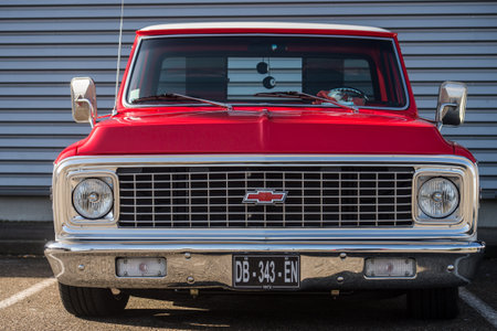 Mulhouse - France - 10 April 2022 - Front view of red chevrolet pick up parked in the streetのeditorial素材