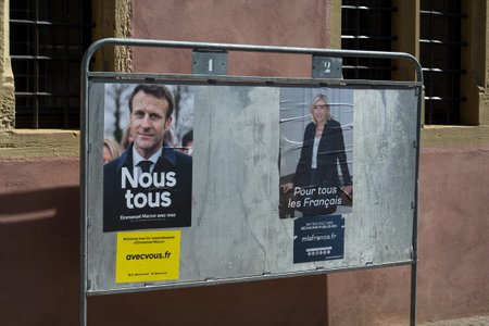Colmar - France - 21 April 2022 - view of french candidates Emmanuel Macron and Marine Le Pen for  the presidential elections 2022のeditorial素材
