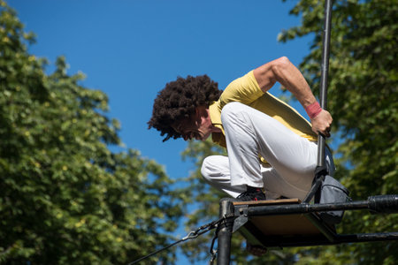 Mulhouse - France - 16 July 2022 - Portrait of acrobatic artists at the street scene festivalのeditorial素材