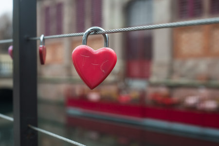 closeup of love padlock on metallic fence on blurred water background