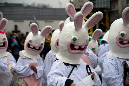 Riedisheim  - France - 6 February 2023 - portrait of people with rabbit costume parading in the...