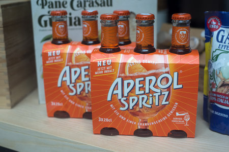 Mulhouse - France - 6 August 2023 - Closeup of Aperol spritz bottles in an italian store showroom