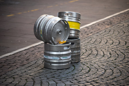 Strasbourg - France - 6 September 2023 - closeup of heineken beer container in front of bar on pavement in the streetのeditorial素材