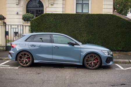 Mulhouse - France - 11 November 2023 - Profile view of blue Audi S1 parked in the streetのeditorial素材