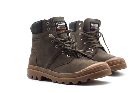 Mulhouse - France - 7 december 2023 - Closeup of palladium boots on white backgroundのeditorial素材