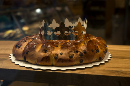 Closeup of king cake with a golden crown in a bakery store showroomの写真素材