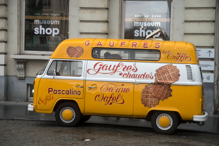 Brussels - Belgium - 3 March 2024 - Profile view of volkswagen food truck saling traditional belgian waffleのeditorial素材