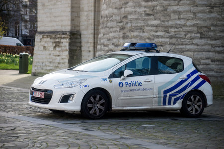 Brussels - Belgium - 30 February 2024 - Profile view belgian police car parked in the streetのeditorial素材