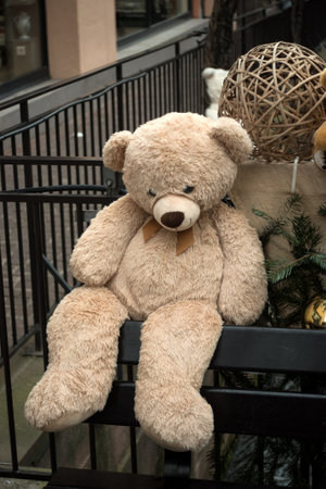 closeup o traditional teddy bear in the street decoration for christmasの写真素材