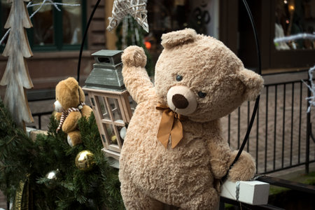 closeup o traditional teddy bear in the street decoration for christmasの写真素材