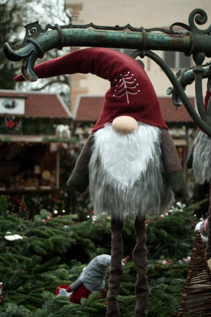 Closeup of traditional christmas gnome in the streetの写真素材