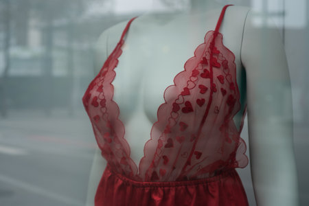 Closeup of printed red hearts on red nighty on mannequin in a fashion store showroomの写真素材
