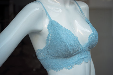 Closeup of blue bra on mannequin in a fashion store showroomの写真素材