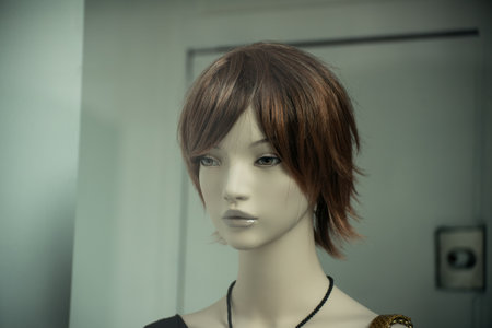 Closeup of brown hair mannequin in a women fashion store showroomの写真素材