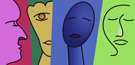 Several stylized masks of persons in different styles