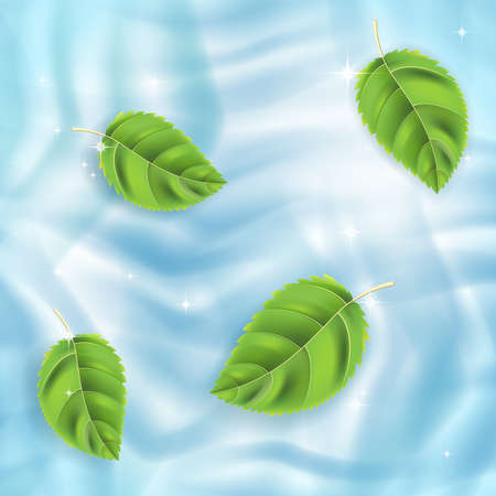 Vector background, green leaves on blue waterのイラスト素材