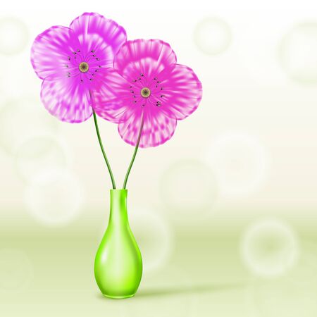 Pink and purple flowers in green vase on spring backgroundのイラスト素材