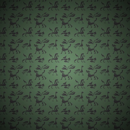 Seamless  background of ancient animals and birds on greenのイラスト素材