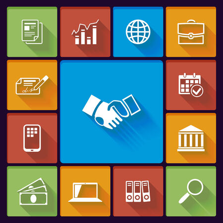 Business flat icons: handshake chart meeting global communicationsのイラスト素材