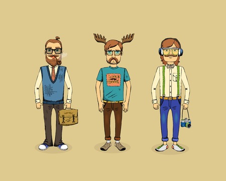 three hipster men with pipe, horns and cameraのイラスト素材