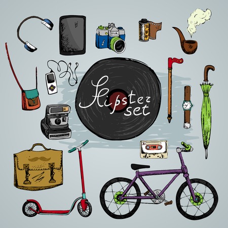 must have hipster elements: plate camera headphones bikeのイラスト素材