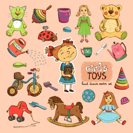 toys for girl illustration: bike doll horse bucket and shovelのイラスト素材