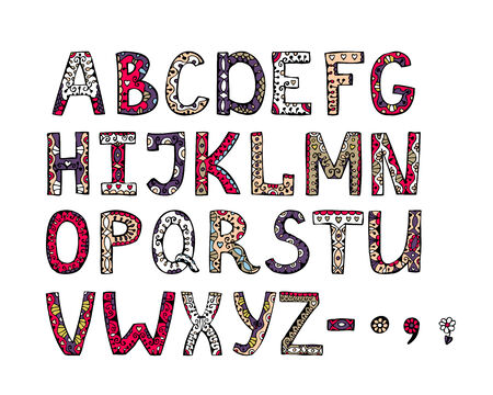 dreamlike decorative vector ornamental hand drawn alphabet on white backgroundのイラスト素材