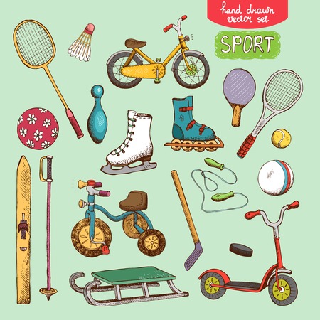 sport toys set illustration: skating, skiing ball bike and tennisのイラスト素材