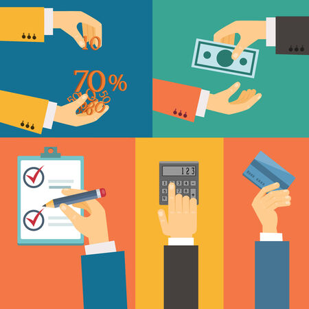 Vector set of hands, purchase payment credit flat retro illustrationのイラスト素材